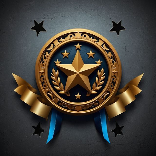 Emblema de medalla de estrella dorada con cintas azules sobre fondo oscuro