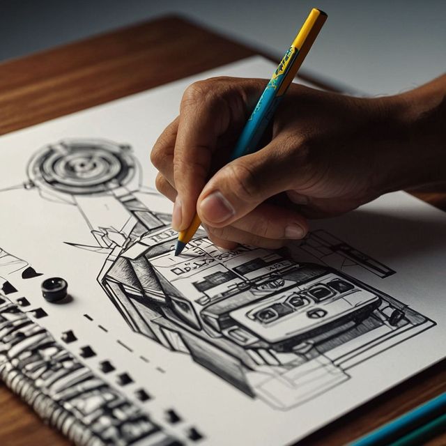 Dibujo técnico a mano alzada de un reproductor de casetes sobre papel blanco con lápiz.