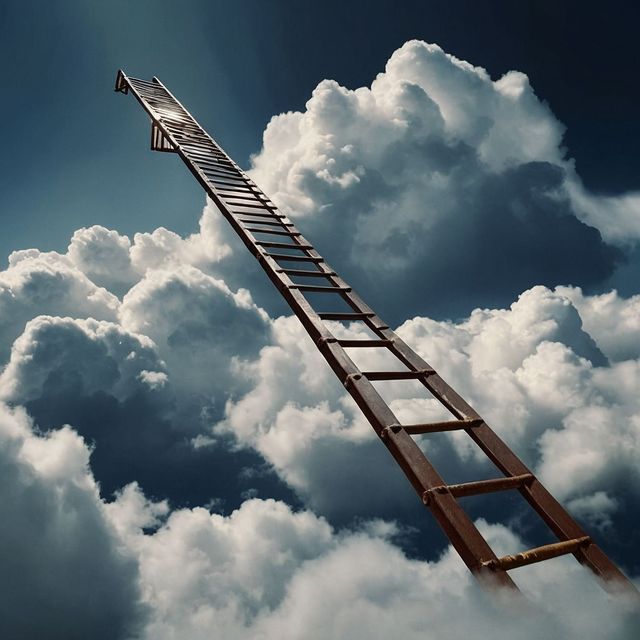 Una alta escalera de madera que se eleva entre nubes brillantes contra un cielo azul.