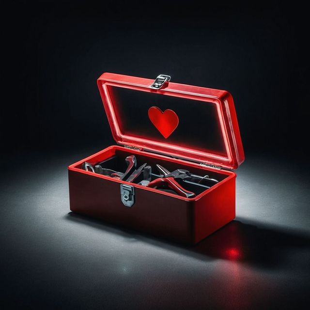 Caja de joyería roja con la tapa abierta, un corazón rojo brillante en su interior sobre un fondo oscuro.