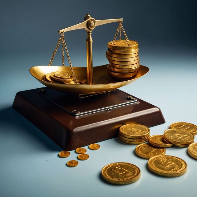Balanza de oro sobre una base oscura con monedas derramadas a su lado.