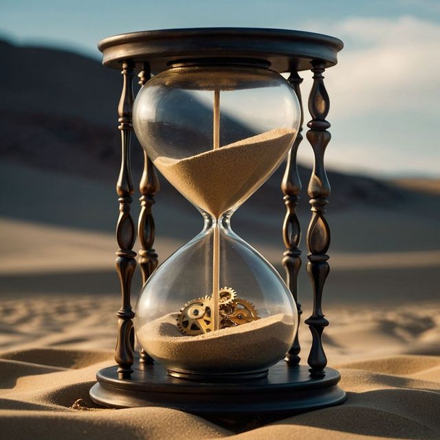 Reloj de arena con arena y engranajes en las dunas del desierto al atardecer.