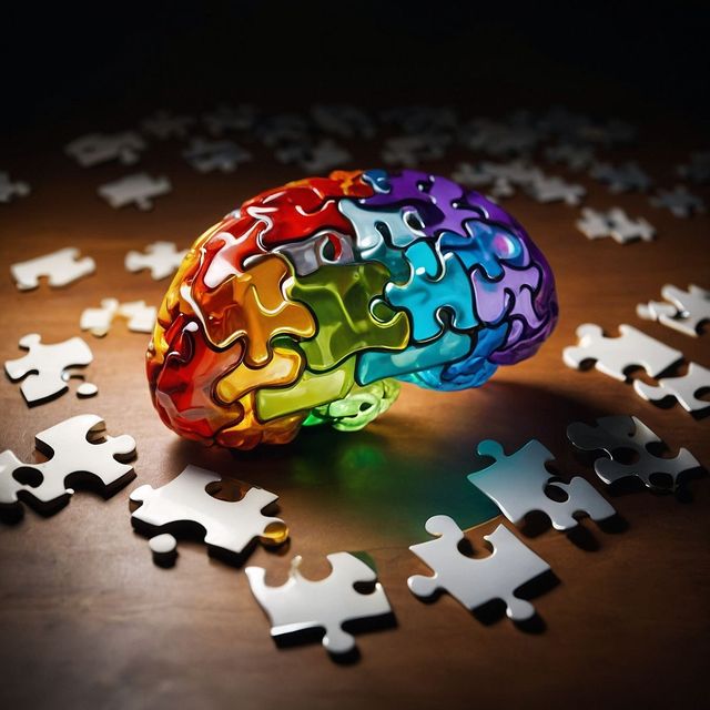 Cerebro colorido hecho de piezas de rompecabezas rodeado de piezas sueltas de rompecabezas blancas sobre una superficie oscura.