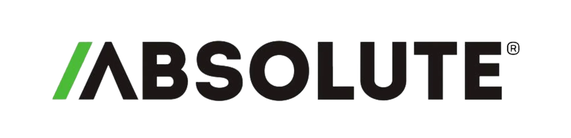 Logotipo ABSOLUTE con texto negro y una barra inclinada verde.