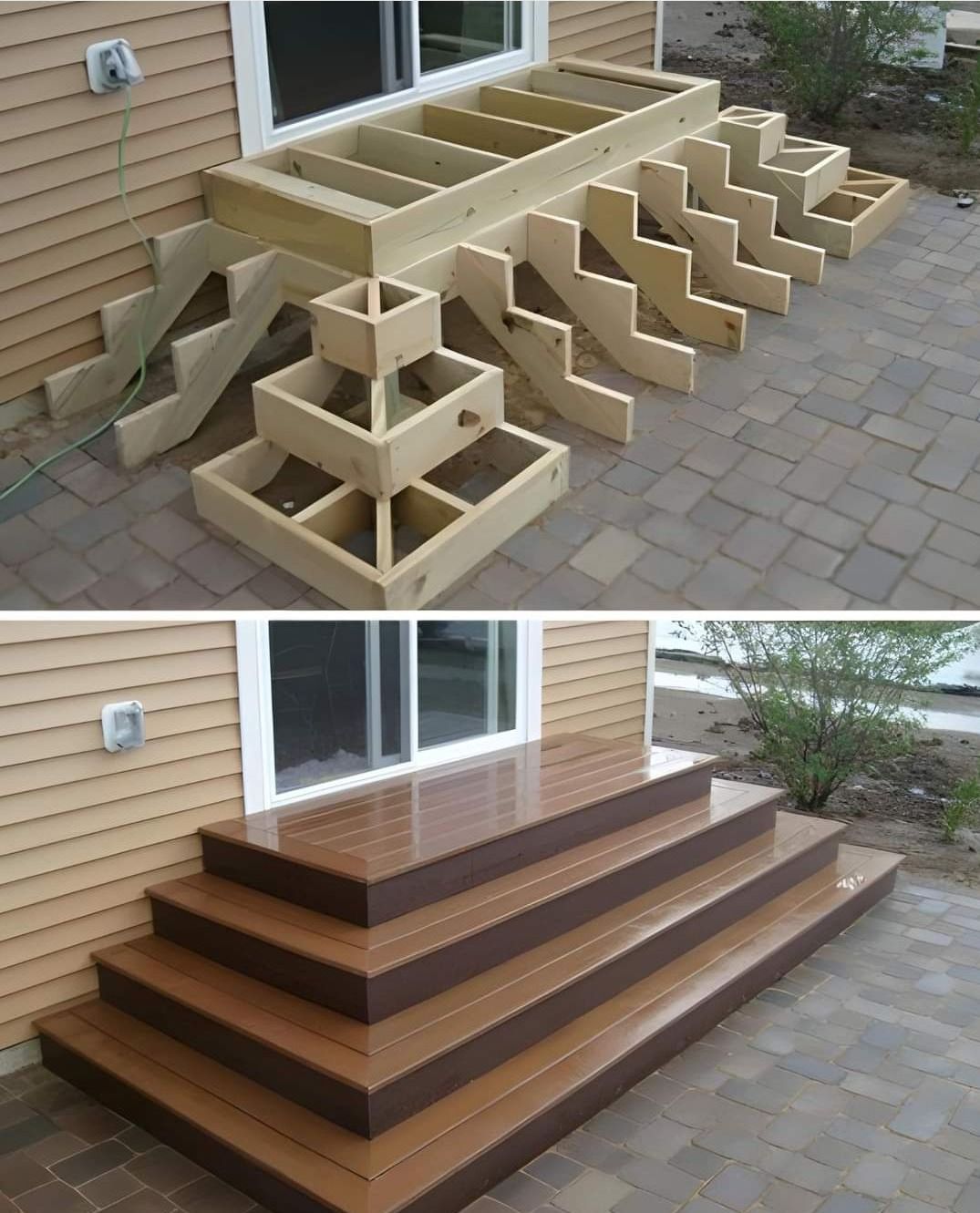 Une terrasse en bois avec des escaliers est en cours de construction devant une maison