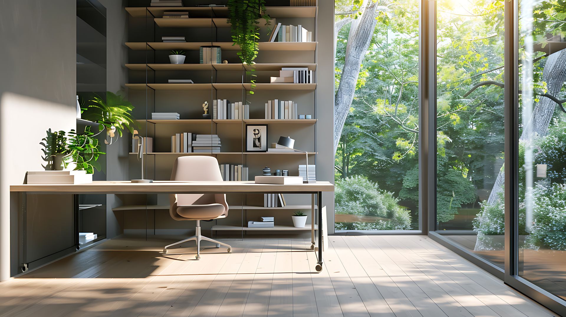 Un bureau à domicile moderne avec un bureau, une chaise, une étagère et de grandes fenêtres.