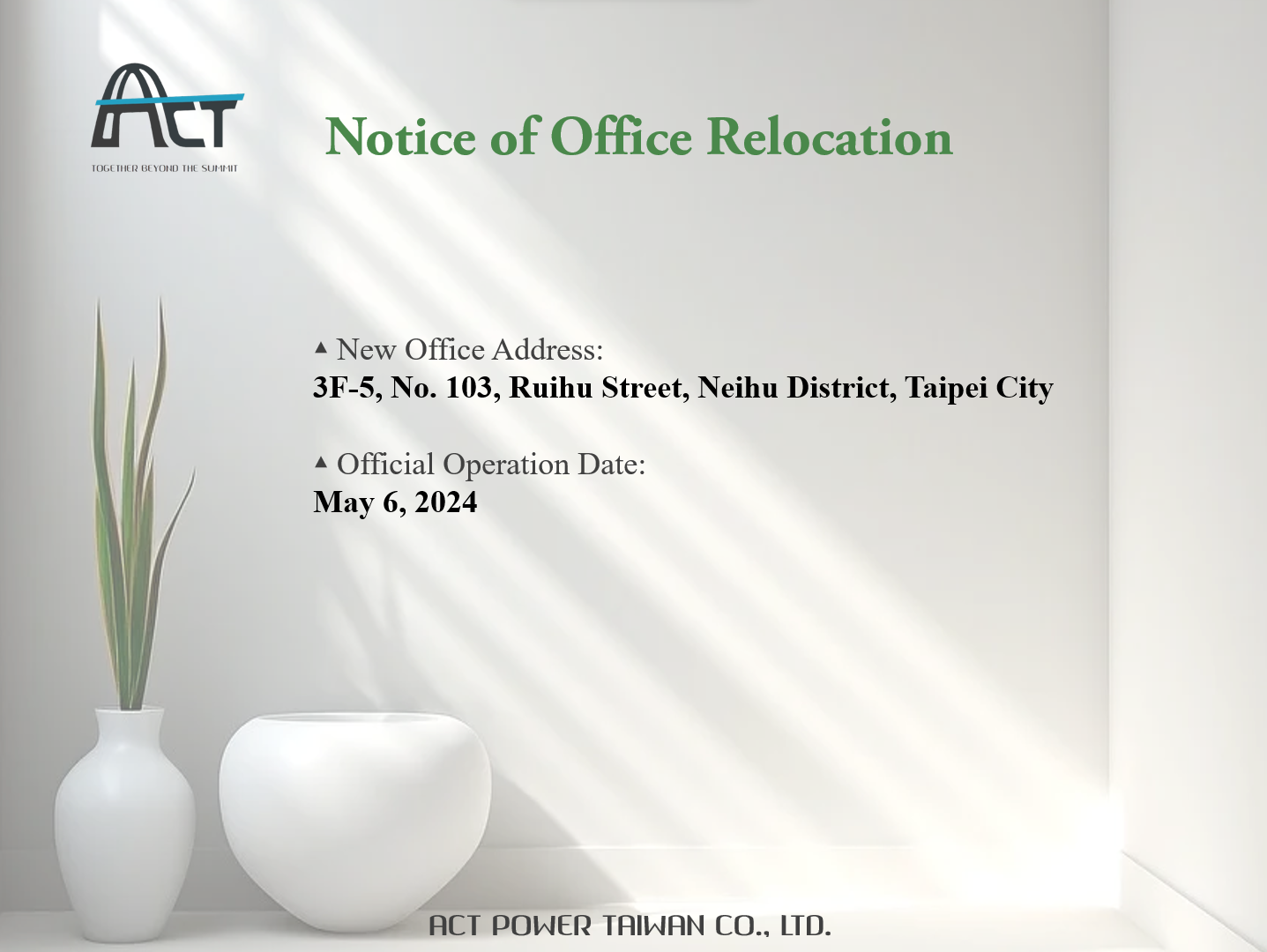 ACT POWER notice of office relocation