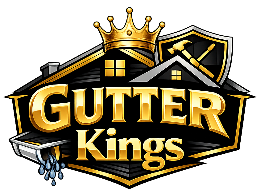 Logo for Gutter Kings, featuring a house with a crown, shield, and dripping gutter, gold and black.