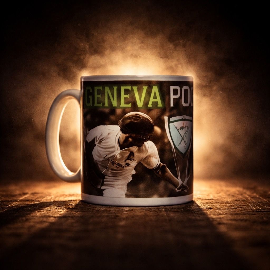 Mug à café orné d'un dessin de joueur de basket-ball et de l'inscription « GENEVA PO » partiellement visible sur un fond sombre et fumé.