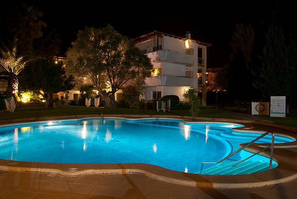 Pool with a building in the background