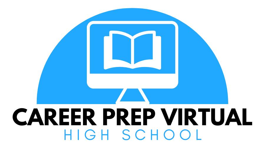 The logo for career prep virtual high school shows a computer and a book.