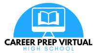 The logo for career prep virtual high school shows a computer and a book.