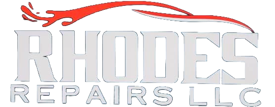 The Rhodes Repairs LLC logo featuring stylized silver text beneath a red, sweeping graphic resembling a vehicle outline.