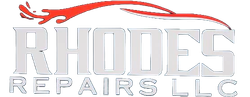 The Rhodes Repairs LLC logo featuring stylized silver text beneath a red, sweeping graphic resembling a vehicle outline.