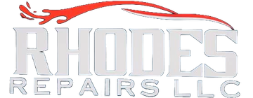 Rhodes Repairs LLC logo with red car silhouette and gray text