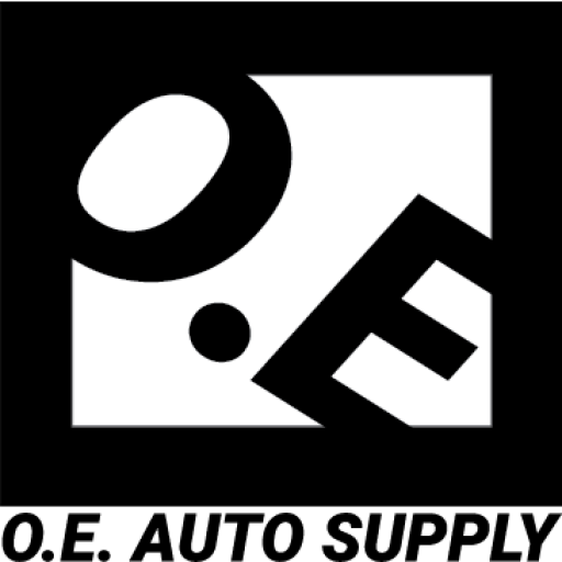 O.E. Auto Supply logo with black-and-white abstract shapes and bold text