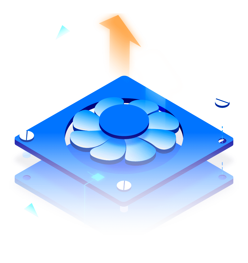 An isometric illustration of a fan with an arrow pointing up.