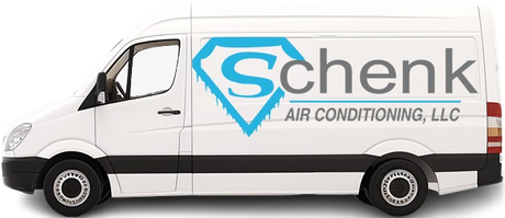 A white van with schenk air conditioning llc written on the side