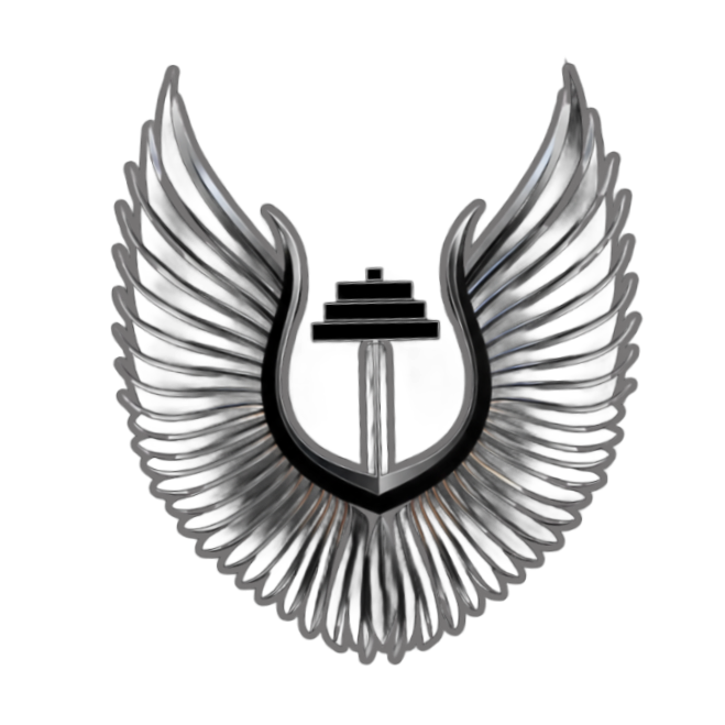 Black stylized wings surround a barbell logo.