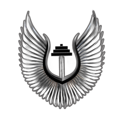 Black stylized wings surround a barbell logo.