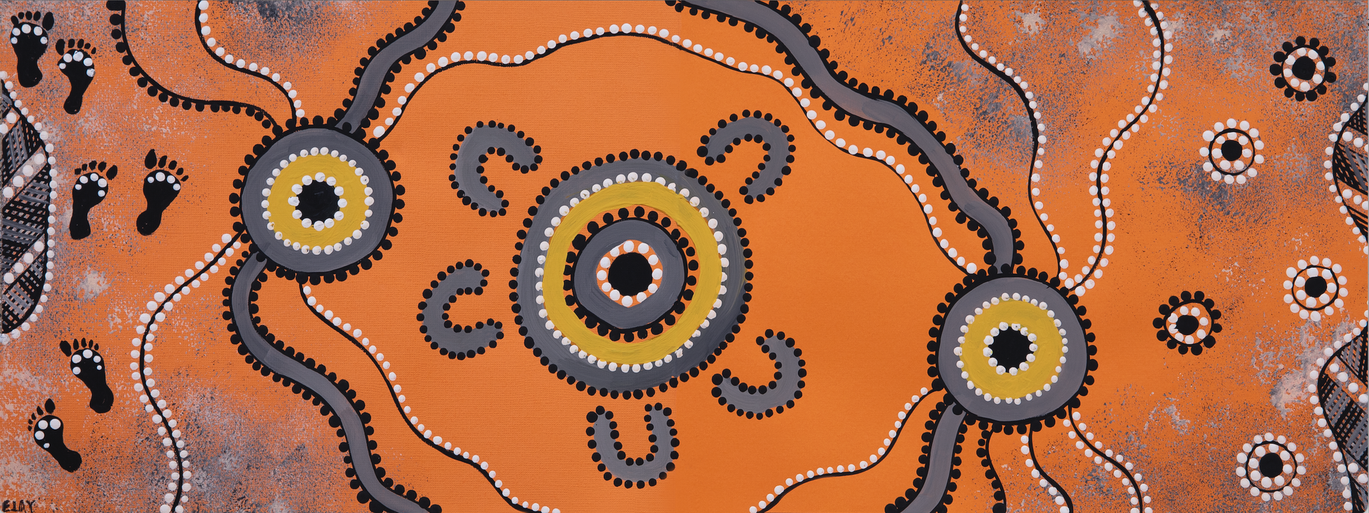 A Painting Of Circles And Footprints On An Orange Background — Hillery Group in Bowen, QLD