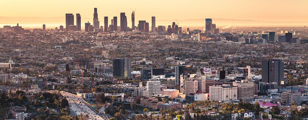 An aerial shot of Los Angeles with the downtown skyline in the background.