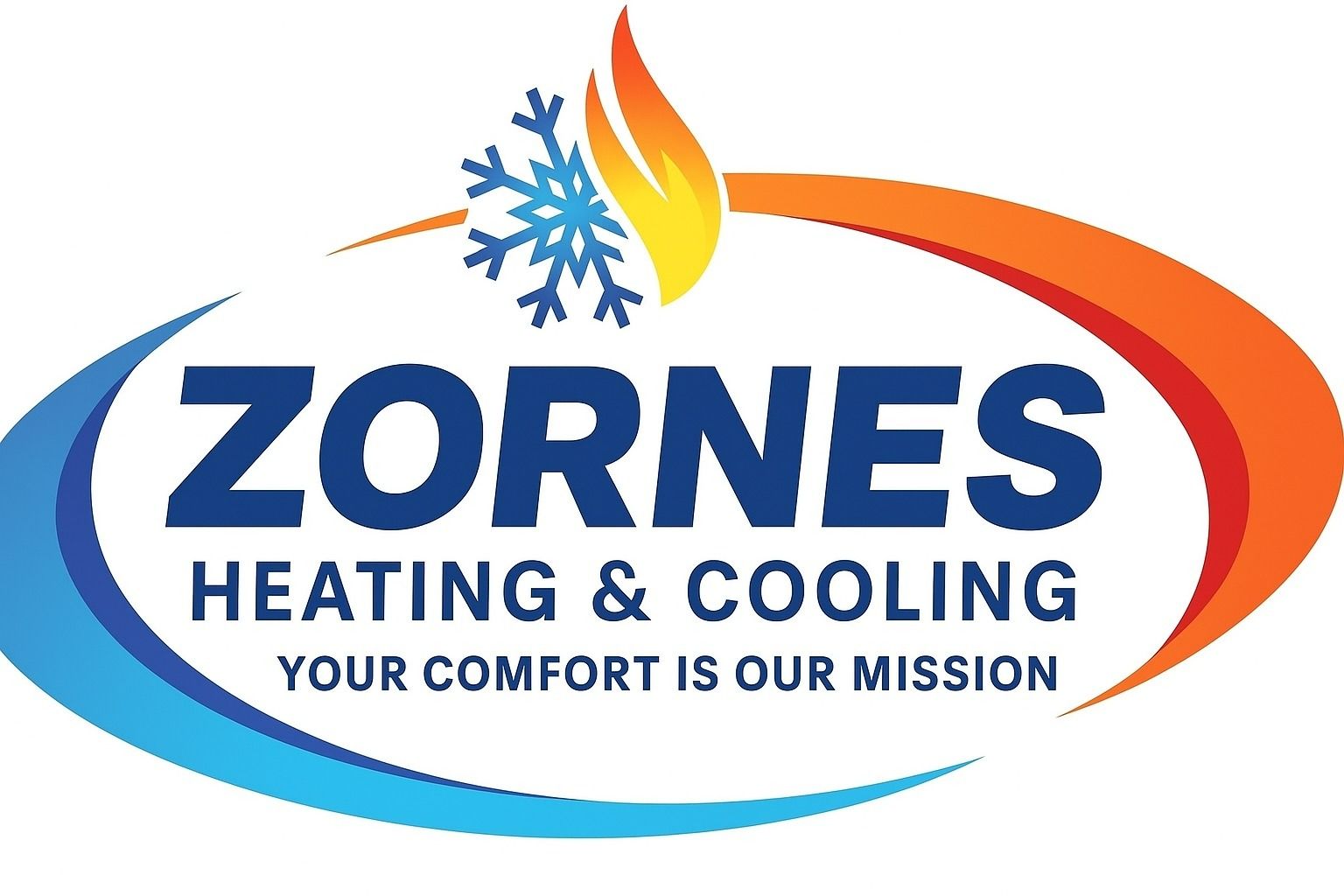 Logo for Zornes Heating & Cooling: snowflake and flame symbol, company name, and tagline on an orange and blue swoosh.