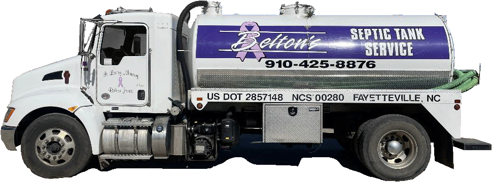 A white and purple septic tank service truck