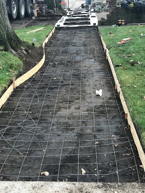 A concrete walkway is being built in a yard.
