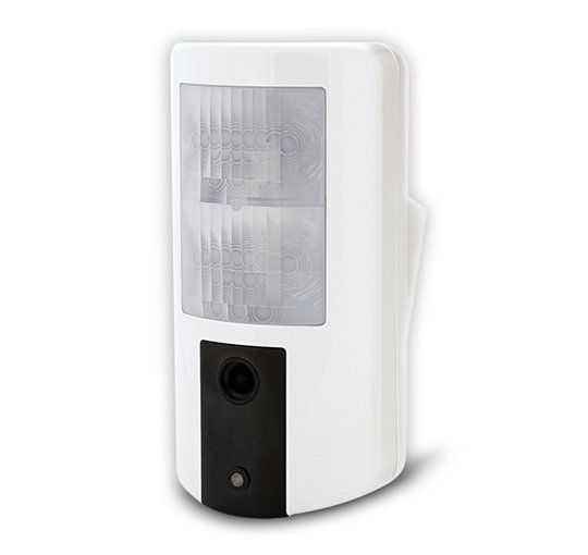 A white motion sensor with a camera attached to it.