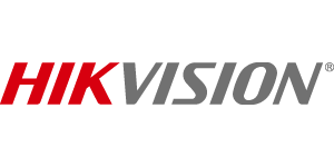 The logo for hikvision is red and black on a white background.