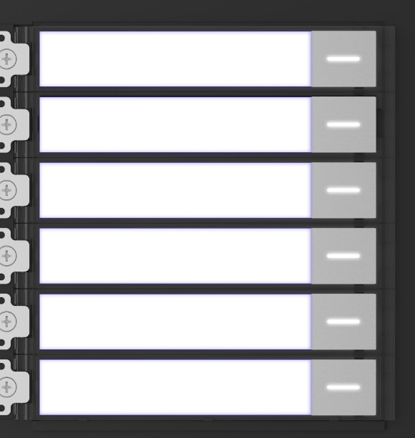 A row of white labels on a black background.