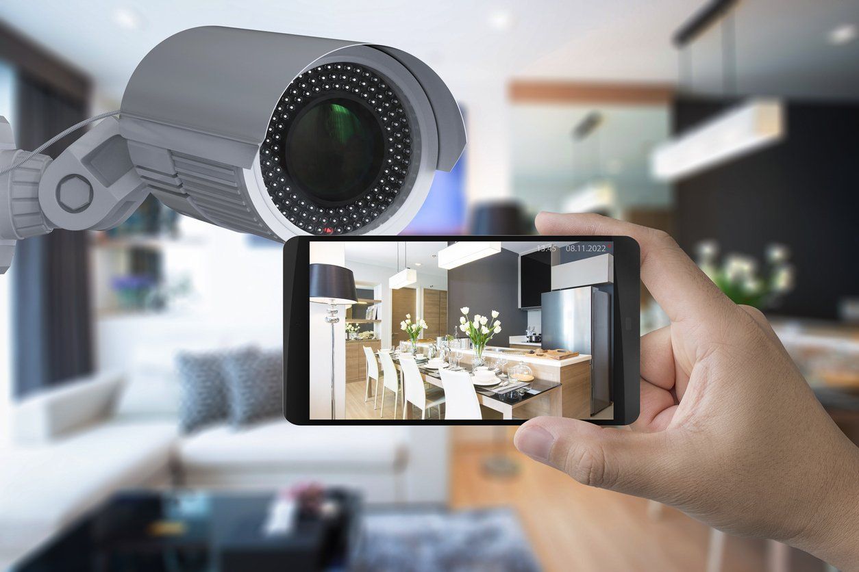 A home security camera in a modern house, The hik-connect app of a home security camera