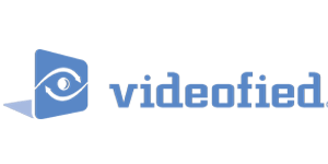 A blue logo for videofied with an eye on it.