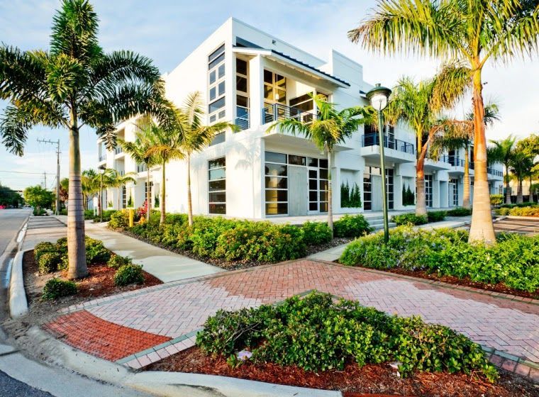 Modern white building with large windows and landscaping, palm trees, and brick pathways.