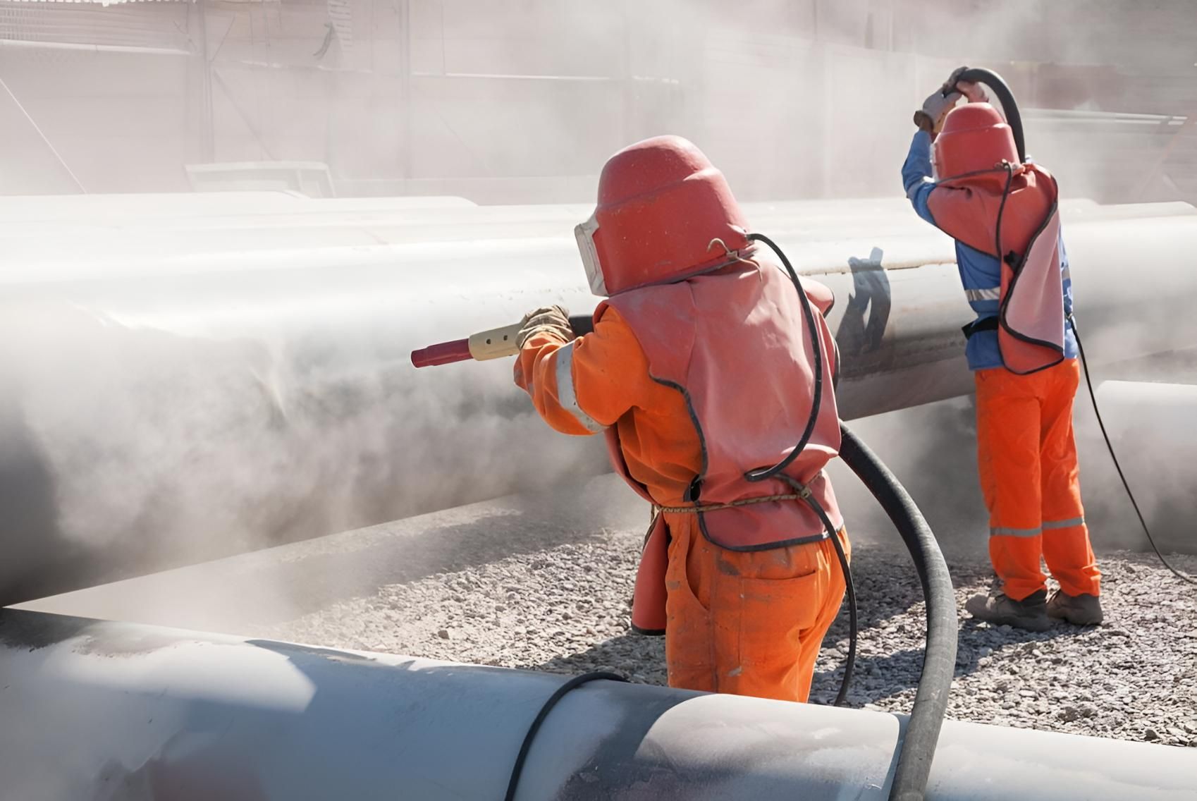 Two Men in Orange Jumpsuits Are Sandblasting a Pipe — Waters Abrasive Blasting Services In Shaw, QLD