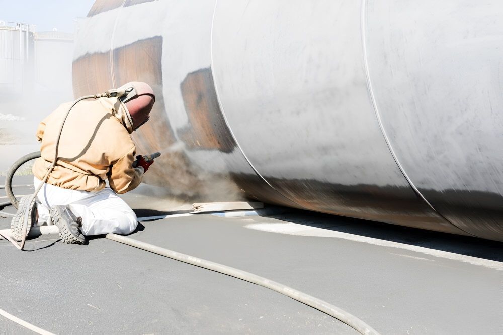 A Man is Sandblasting a Large Metal Object — Waters Abrasive Blasting Services In Shaw, QLD