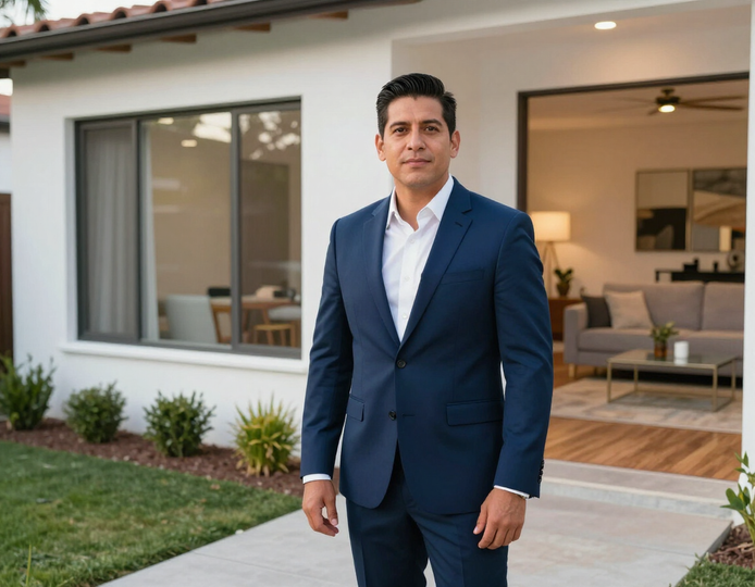 Asesor inmobiliario mostrando una casa lista para habitar