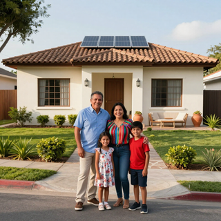 Familia mexicana frente a su casa rehabilitada