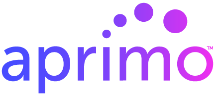 Aprimo logo in blue and purple with three purple dots above the wordmark