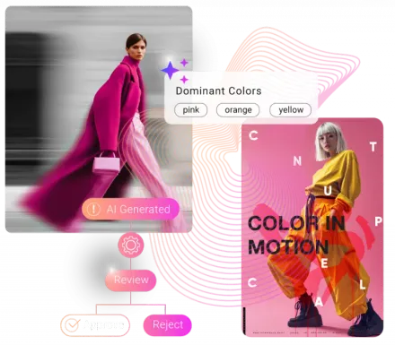 Fashion poster with magenta and yellow models, color swatches, and motion blur effects
