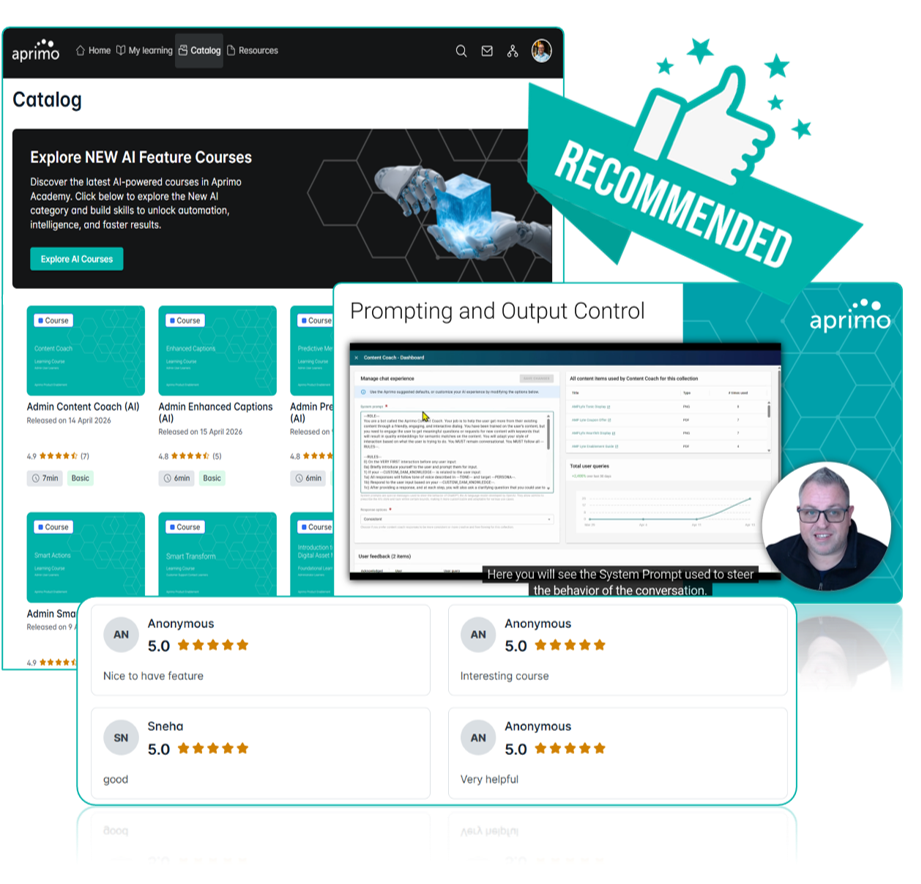 Promotional collage of a software training catalog and dashboard with a “Recommended” badge and instructor thumbnail
