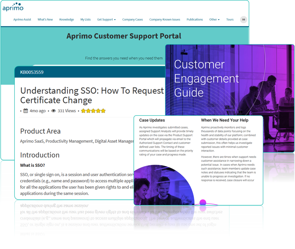 Aprimo Customer Support Portal page with a certificate-change article and overlapping Customer Engagement Guide