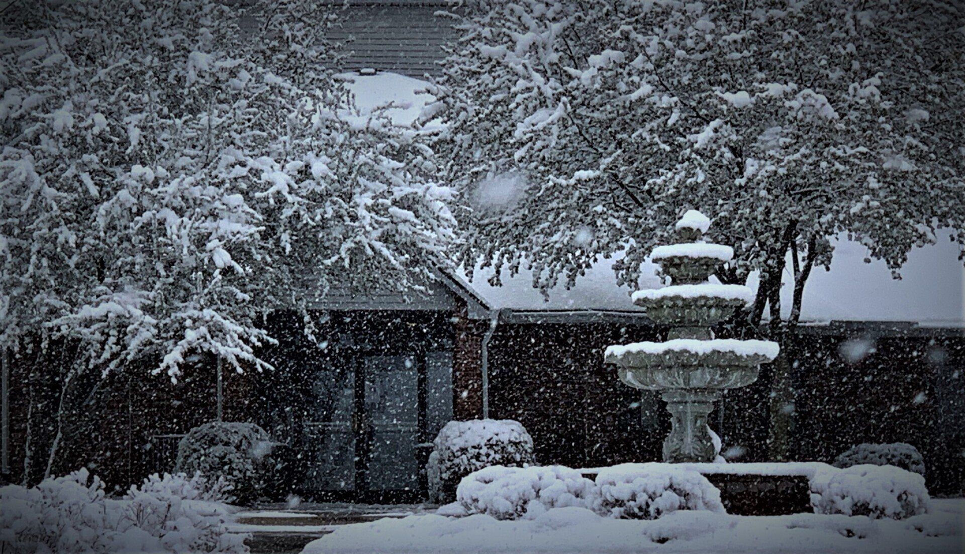 Harmony Court Fountain & Entrance During Winter Snow