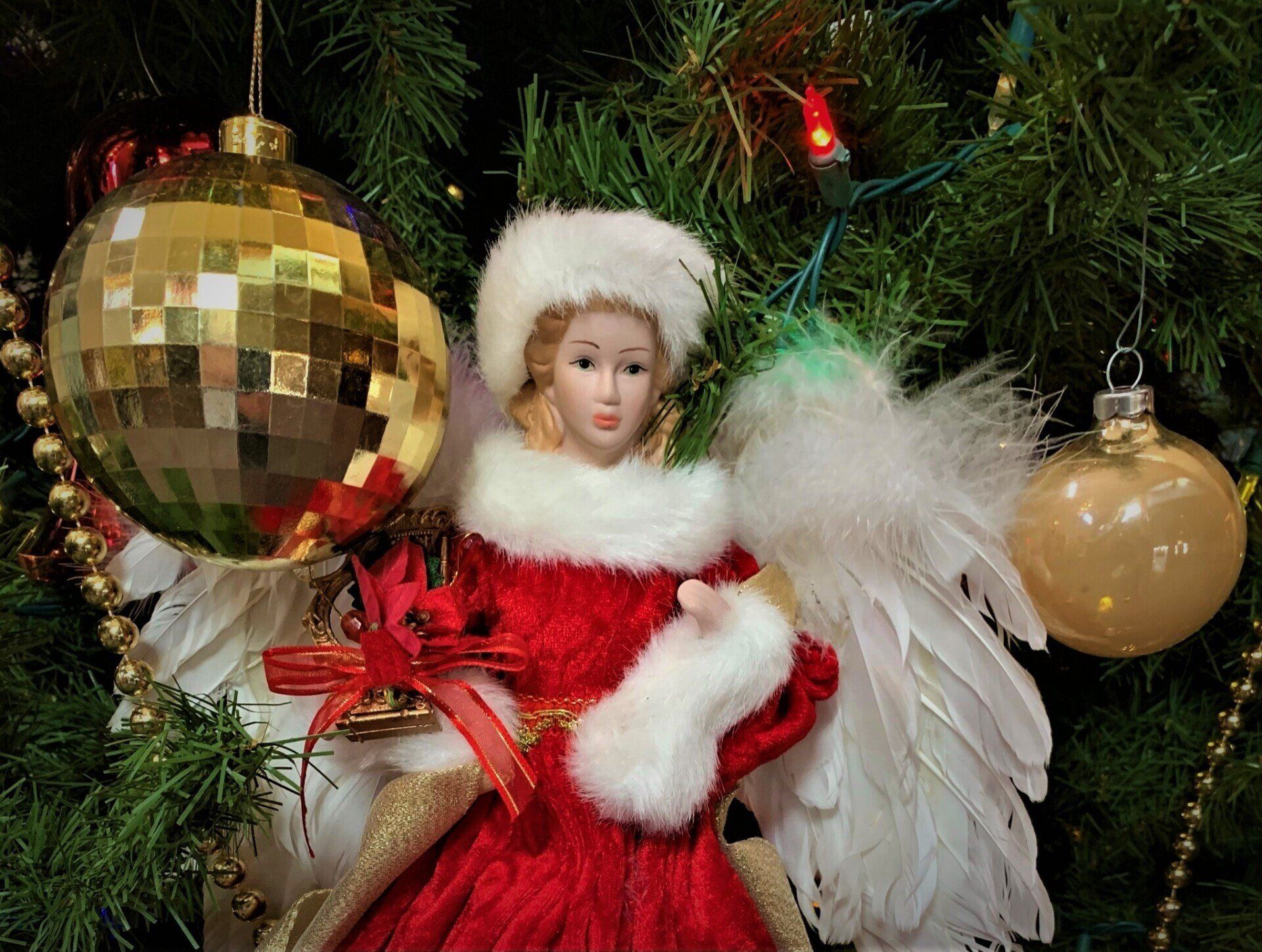 Glass Female Santa Angel Handing in Tree with Round Ornaments