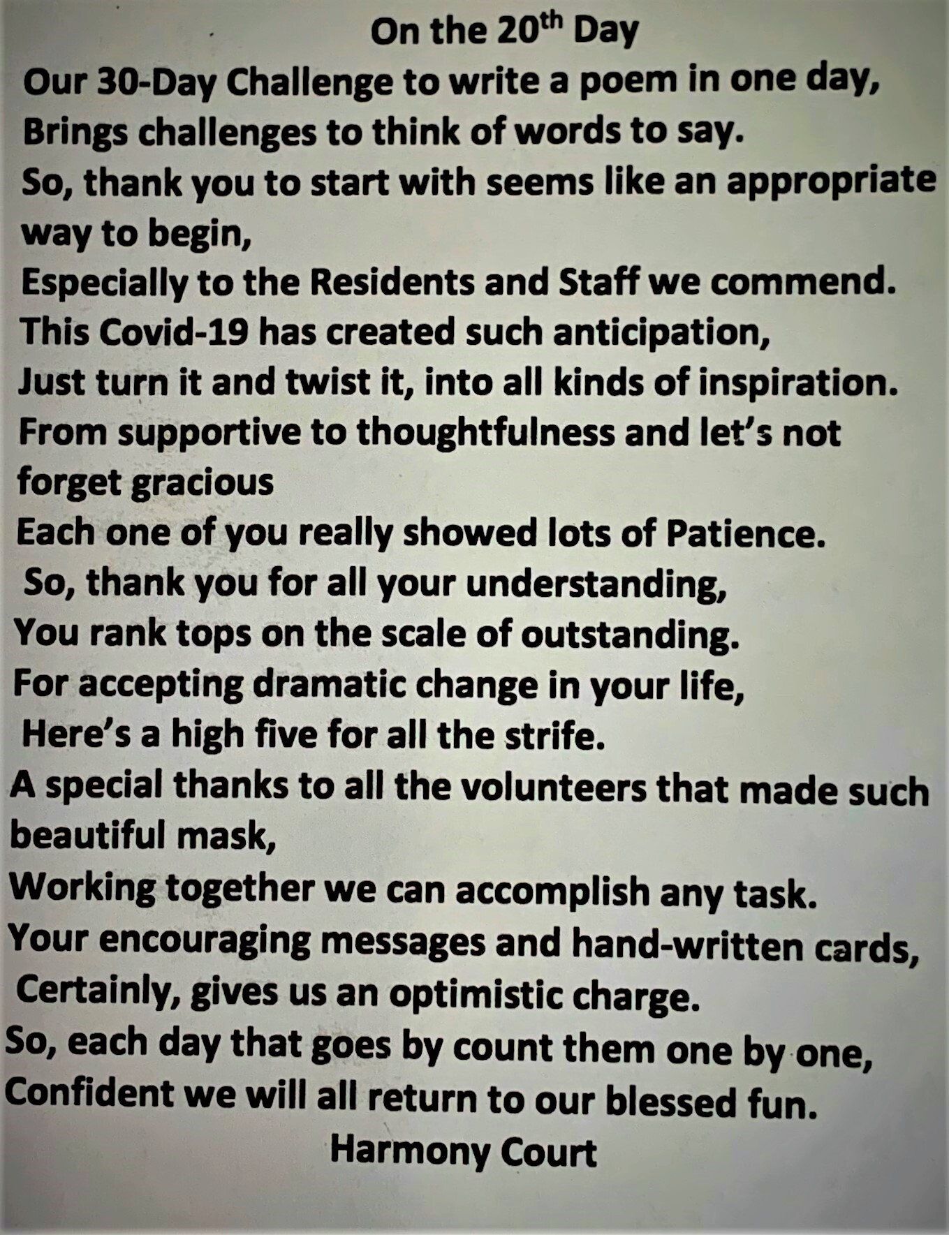 On the 20th Day Poem by Harmony Court