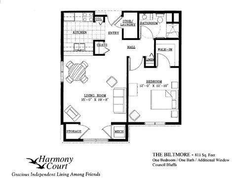 Biltmore Floor Plan - 811 square foot senior apartment in Harmony Court's Council Bluffs, IA location