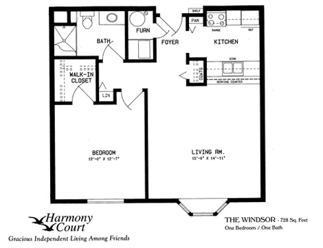 Windsor Floor Plan - a 728 square foot apartment in Harmony Court's Bellevue, NE location