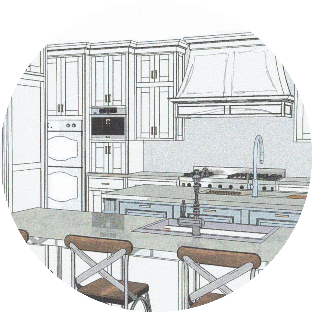 A drawing of a kitchen with white cabinets and stainless steel appliances