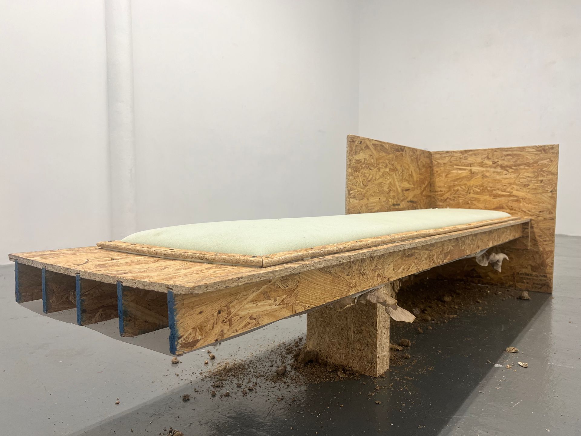 A lounge chair made of OSB with mushrooms growing from underneath. 